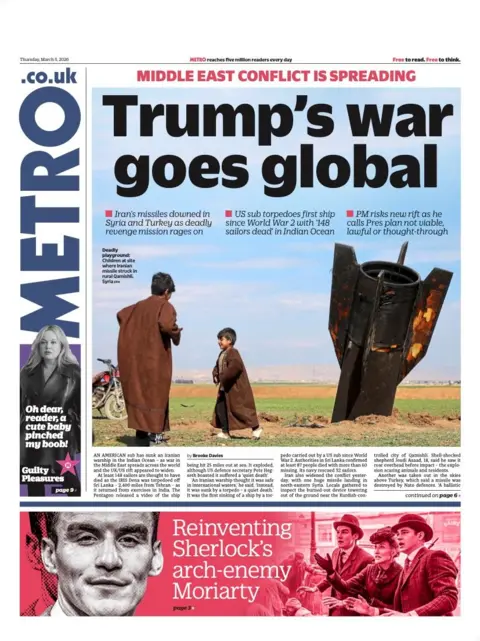 The headline on the front page of the Metro reads: “Trump's war goes global”. 