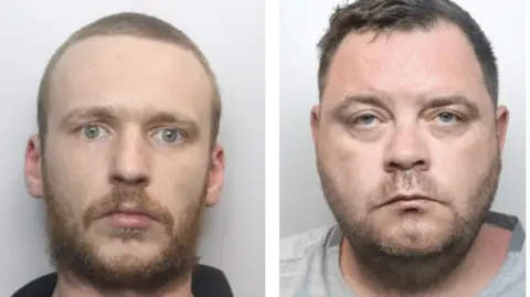 Two mugshots of Dudley Brennan on the left and Peter Weston on the right. Brennan has light hair which is shaved close to his head and has a serious look on his face. He has a light brown beard. Weston has brown short hair and stubble.