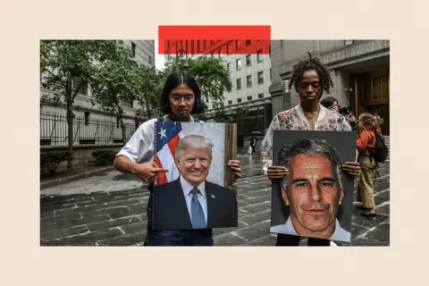 Stephanie Keith / Stringer / Getty Images A protest group hold up signs of Jeffrey Epstein and President Donald Trump in front of the Federal courthouse 
