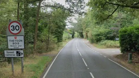 A tree-lined road stretches into the distance. A sign on the left-hand side reads "Theydon Bois, Reduce your speed", with a red "30" sign above it.