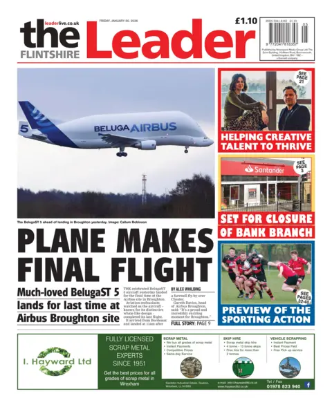 Flintshire Leader Flintshire Leader front page. Headline is: "Plane makes final flight"