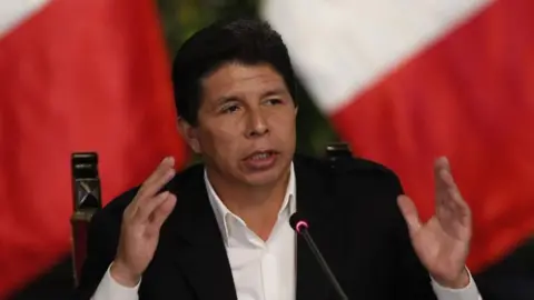 EPA President of Peru, Pedro Castillo, speaks during a press conference, in Lima, Peru, 11 October 2022.