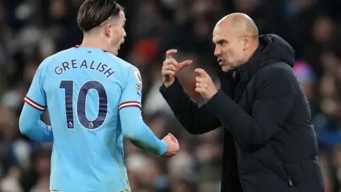 Jack Grealish (left) and Pep Guardiola (right)