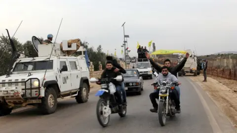 AFP Hezbollah supporters rallied in the area of Fatima's Gate in Kfar Kila on the Lebanese border with Israel on 10 February 2018 to celebrate the crashing of the Israeli air jet