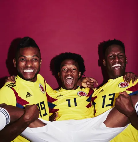 Adam Pretty / Getty Images Juan Cuadrado, Yerry Mina and Miguel Borja of Colombia