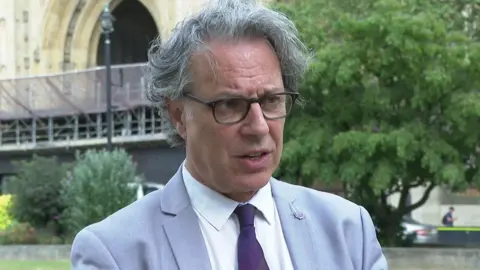 Ian Russell, a man with grey hair and glasses and wearing a grey suit and purple tie, outside Parliament.