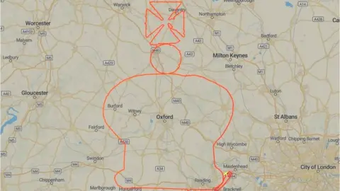 RadarBox.com A crown outline drawn in orange over a map of Oxfordshire