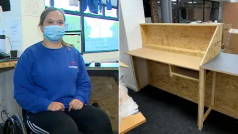 BBC Emily Morison at her new desk, left, and the old desk, right