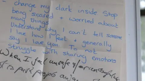 BBC Picture shows what men have written down on the course, phrases like "Understand why I can't tell someone how I feel" and "Stop being scared"