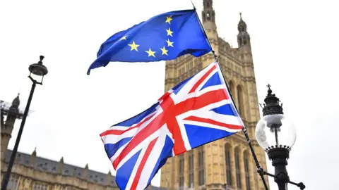 Getty Images eu and uk flags outside parliament