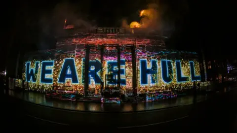 Thom Arran 'We are Hull' projected onto a city centre building