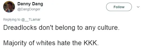 @DangDonger Twitter user saying that dreadlocks don't belong to any culture