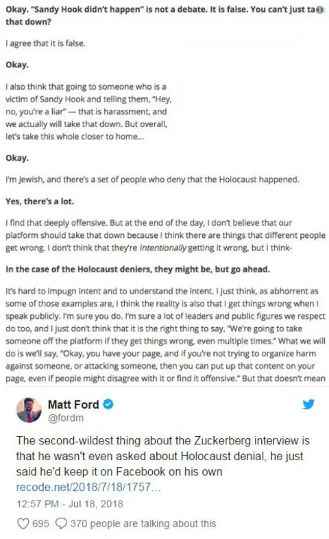 Matt Ford/Twitter Tweet from Matt Ford reading "The second-wildest thing about the Zuckerberg interview is he said he'd keep it on Facebook on his own"