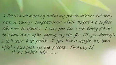 ROYAL COMMISSION INTO CHILD SEXUAL ABUSE A message from a survivor reads: "I felt sick all morning before my private session, but they were so caring and compassionate which helped me to feel safe and not so uneasy."