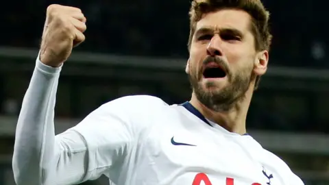 Tottenham's Fernando Llorente celebrates scoring against Borussia Dortmund