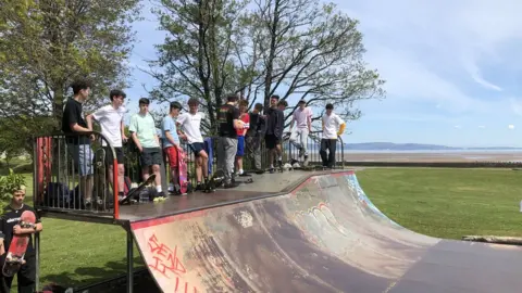 BBC Skateboarders on the mini ramp at the site of the proposed new skate park