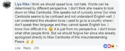 . "Spread love, not hate. She doesn't mean to look down on Miss Cambodia, she speaks out of curiosity."