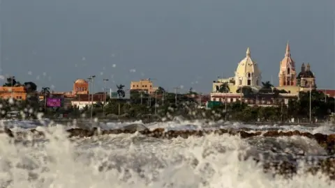 EPA View of the storm surge caused by the passage of Hurricane Iota in the tourist sector of Bocagrande, in Cartagena, Colombia, 16 November 2020.