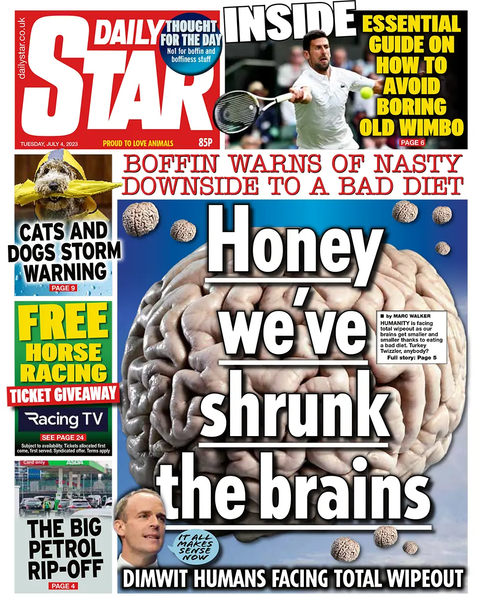 The headline on the front page of the Daily Star reads: "Honey we've shrunk the brains"