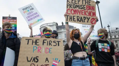 Getty Images Thousands of LGBTI+ protesters pass through Trafalgar Square on the first-ever Reclaim Pride march in Trafalgar Square, London