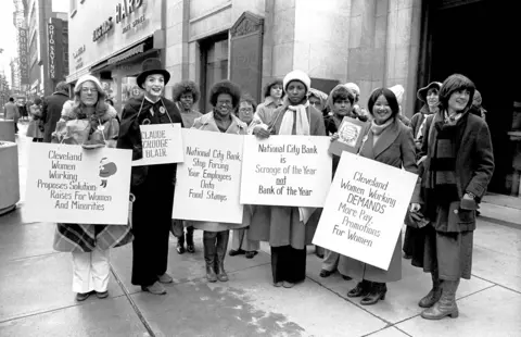 Steve Cagan 9to5 Cleveland holds an action in protest of National City Bank