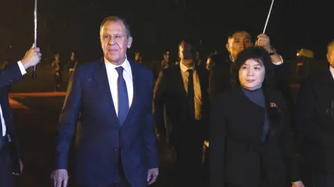Reuters Russian Foreign Minister Sergei Lavrov takes part in a welcoming ceremony upon his arrival in Pyongyang, North Korea, October 18, 2023