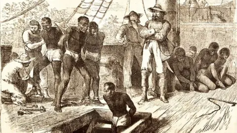 Getty Images Engraving of black slaves on ship