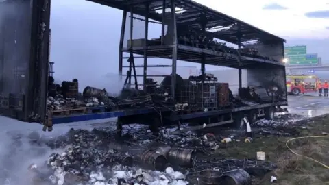 Cambs Fire and Rescue Lorry after catching fire on A14 in Brampton