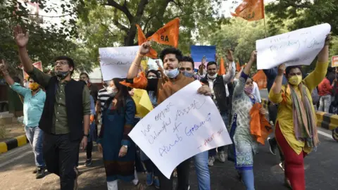 Getty Images Supporters of Mr Goswami took to the streets after his arrest