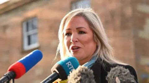 Pacemaker Sinn Féin vice-president Michelle O'Neill speaking outside Hillsborough