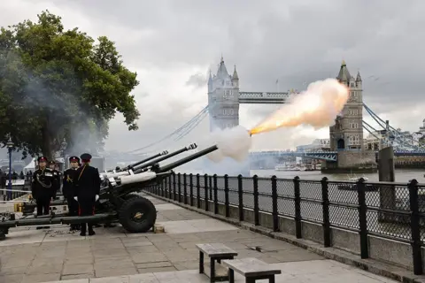 Tolga Akman /EPA-EFE  The gun salute to mark the formal declaration of King Charles III as Monarch in the Tower of London,