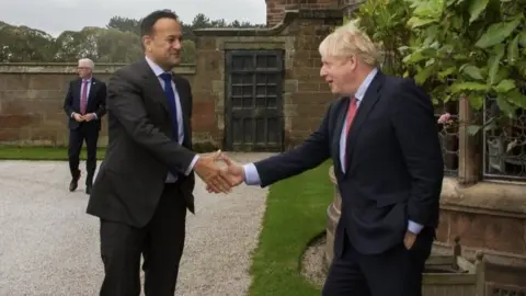 Irish Government Press Office via Getty Images Irish Taoiseach (Prime Minister) Leo Varadkar (left) and UK Prime Minister Boris Johnson in Liverpool. Photo: 10 October 2019