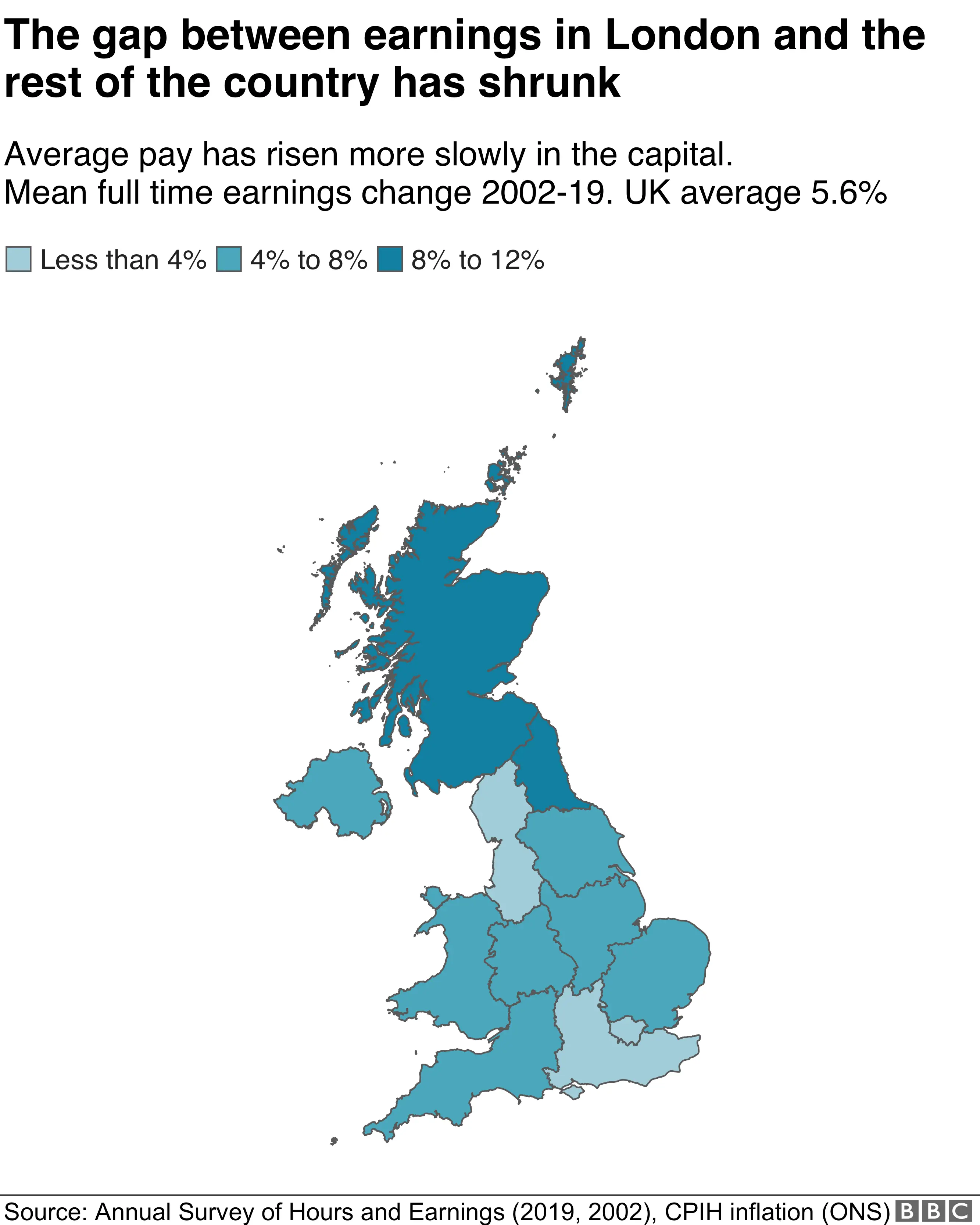 Change in earnings, map of UK regions