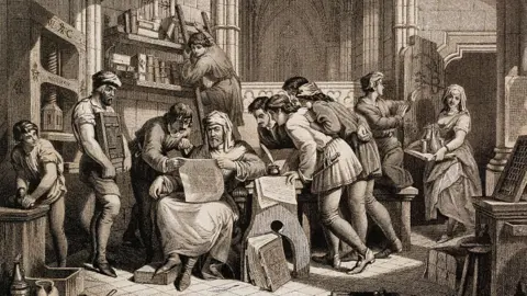 Getty Images William Caxton Reading the First Proof-Sheet from his Press in the Almonary of Westminster Abbey