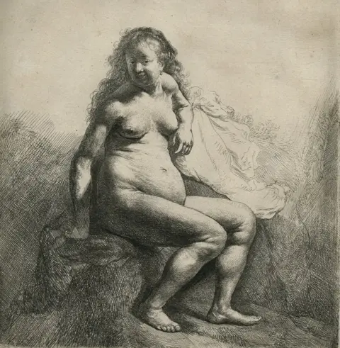Norfolk Museums Service Rembrandt's Naked Woman Seated on a Mound (1631). Etching and engraving on paper. 17.7 x 16.1 cm
