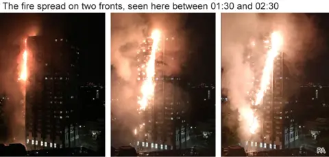 BBC Series of images of the fire at Grenfell Tower between 01:30 and 02:30