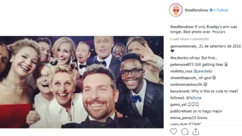 Instagram / @theellenshow Image shows a post by TV host Ellen, showing celebrities at the Oscars