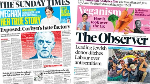 A composite of the Sunday Times and Observer front pages