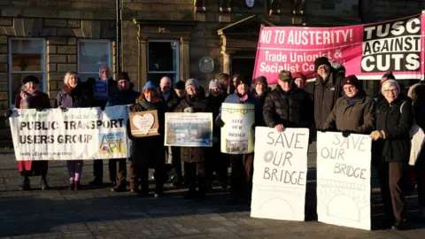 Protesters outside North Shields Register Office demonstrating against the potential demolition of Borough Road footbridge