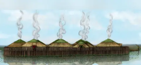 V Herring/Cambridge Archaeological Unit Illustrated reconstruction of Must Farm stilt houses