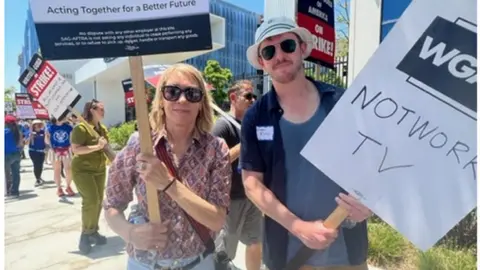 BBC/ Regan Morris Kim Gordon on picket line with writers