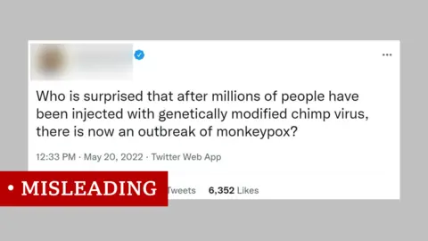 Twitter tweet reading: "Who is surprised that after millions of people have been injected with genetically modified chimp virus, there is now an outbreak of monkeypox?"