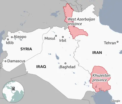 A map showing Iran, Iraq and Syria