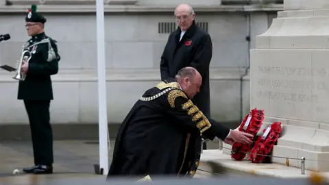 Pacemaker Belfast Lord Mayor Frank McCoubrey laying a wreath at the cenotaph