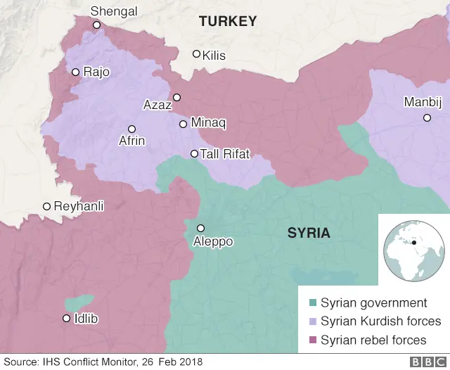Map showing control of north-western Syria on 26 February 2018