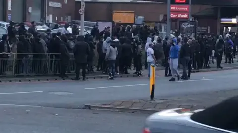 BBC Crowds gathering in Smethwick