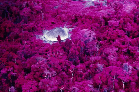 Claudia Andujar, courtesy Fondation Cartier. Collective house near the Catholic mission on the Catrimani River, Roraima, taken with infrared film in 1976