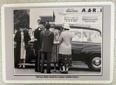 Anne Ball/Hexham Courant Photograph of the Queen outside Anne Ball's parents' fish and chip shop