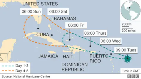 Map showing predicted path of Hurricane Irma