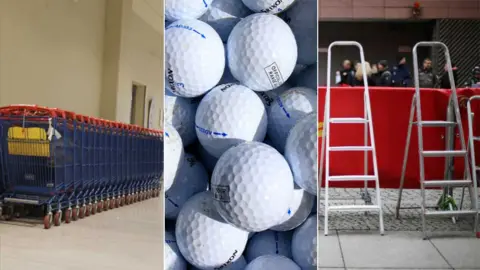 Getty Images Shopping trolley, golf balls and ladders